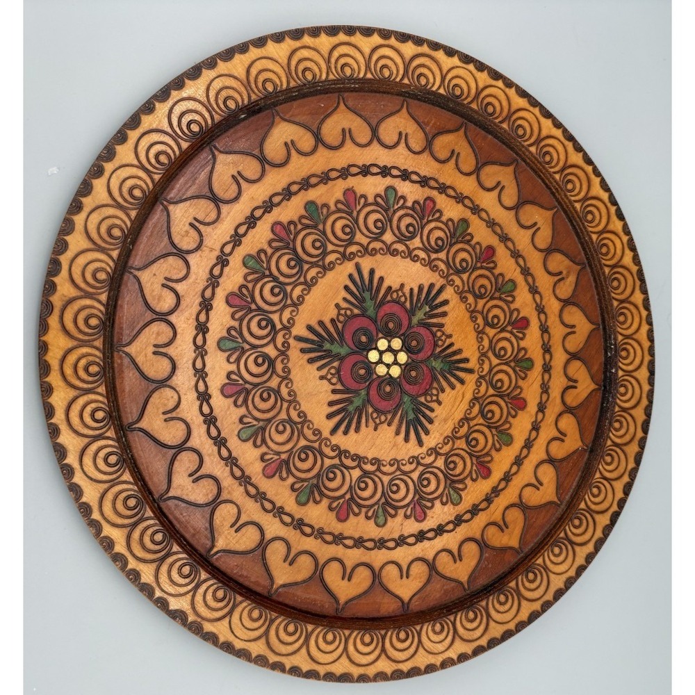 Set of 2 Folk Art Polish Hand Carved Wooden Wall Hanging Display Plates Drzewiar - Picture 4 of 10